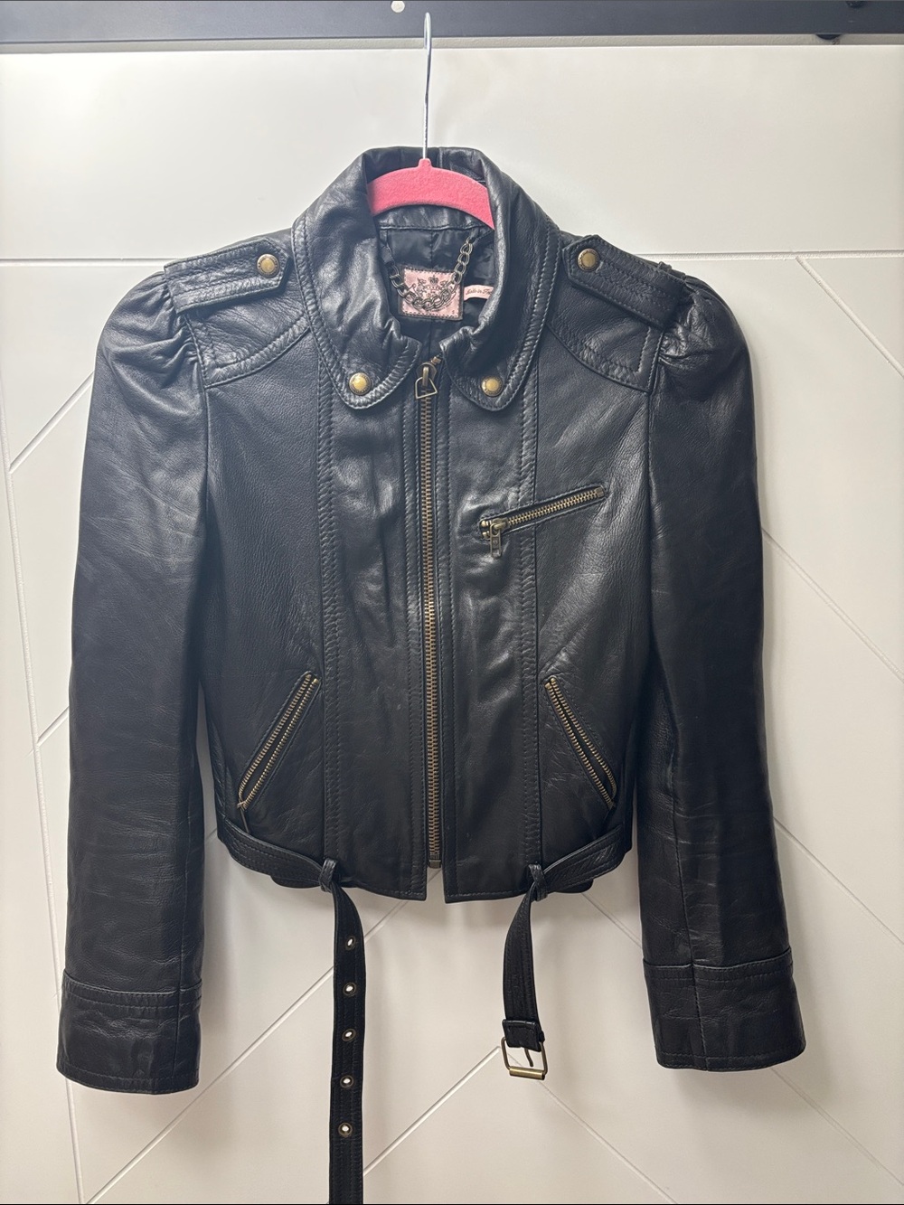 Vintage Juicy Couture Women's Black Genuine Leather Moto Jacket with Belt